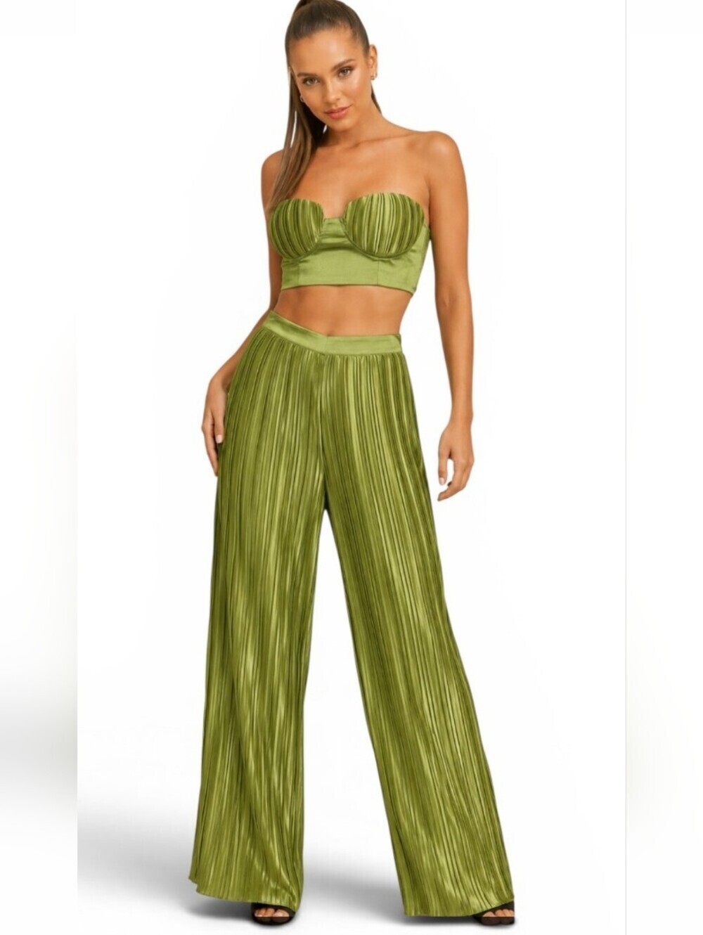 Nichole Lynel Olive Green Metallic Pleated 2 Piece Set Bustier Top & Wide Leg. S